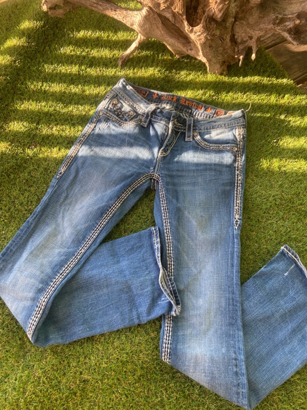 Rock Revival Blue Bootcut Jeans with Contrast Stitching size 27